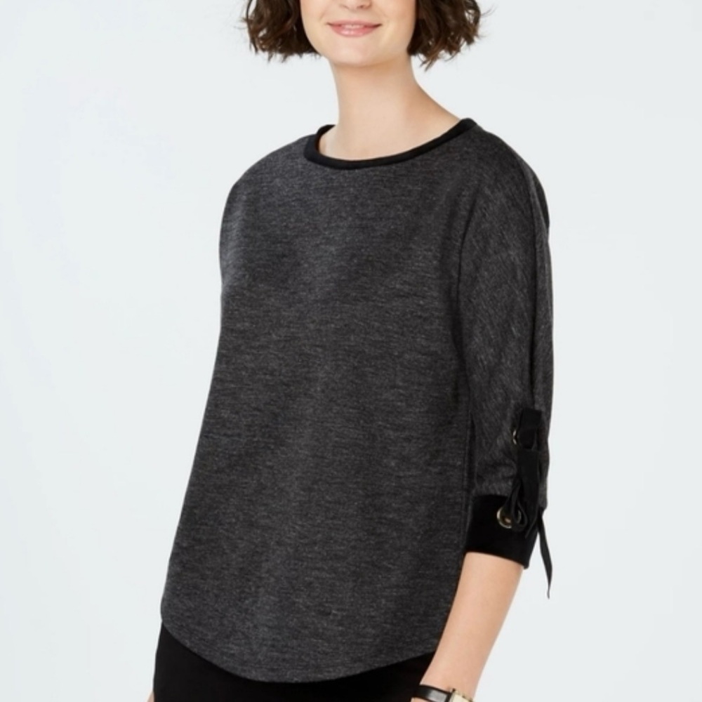 Charter Club Women’s Dark Gray Top Velvet Trim 3/4 Sleeves Preppy Curved Hem MP